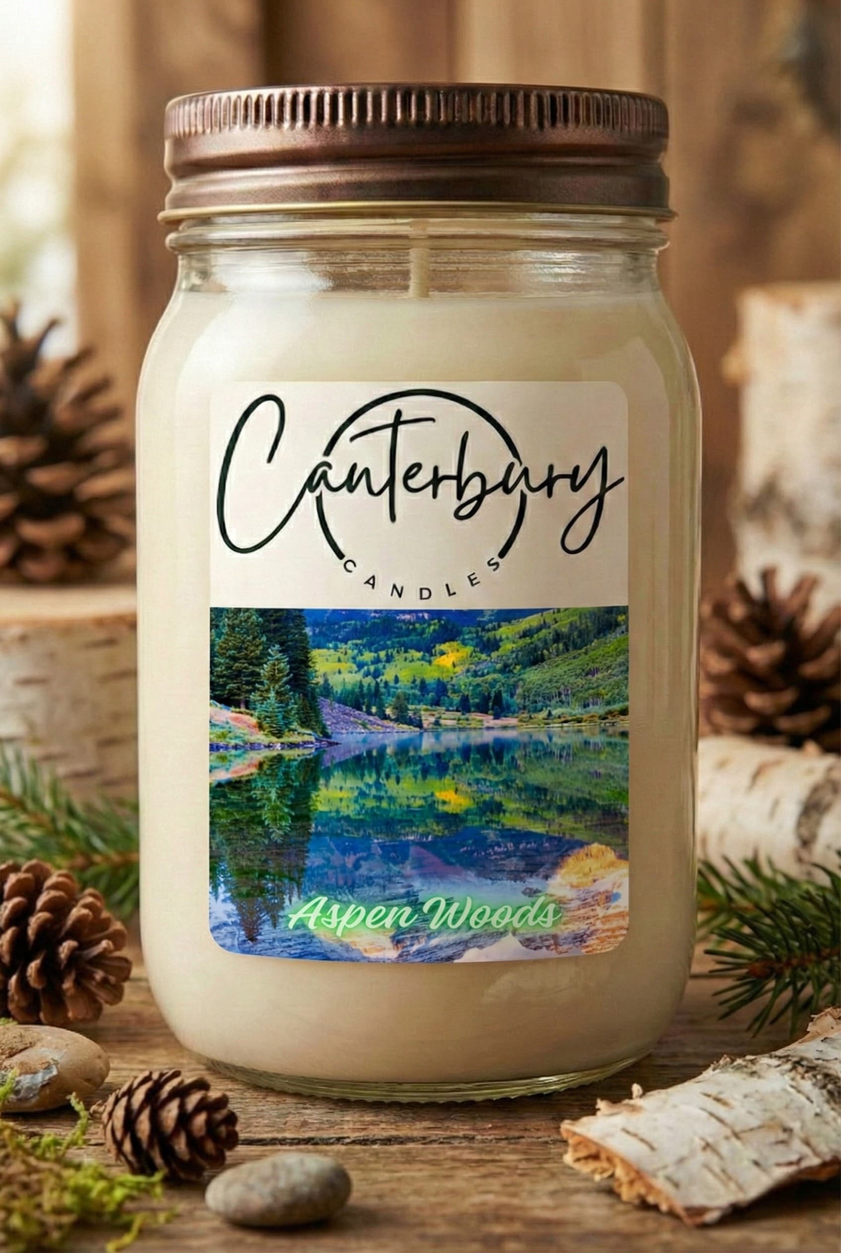 Aspen Woods scented candle in mason jar