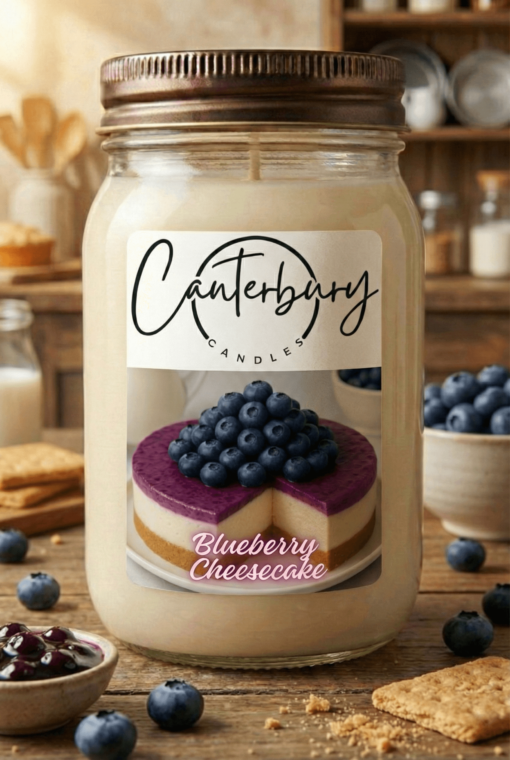 Blueberry Cheesecake scented candle in mason jar