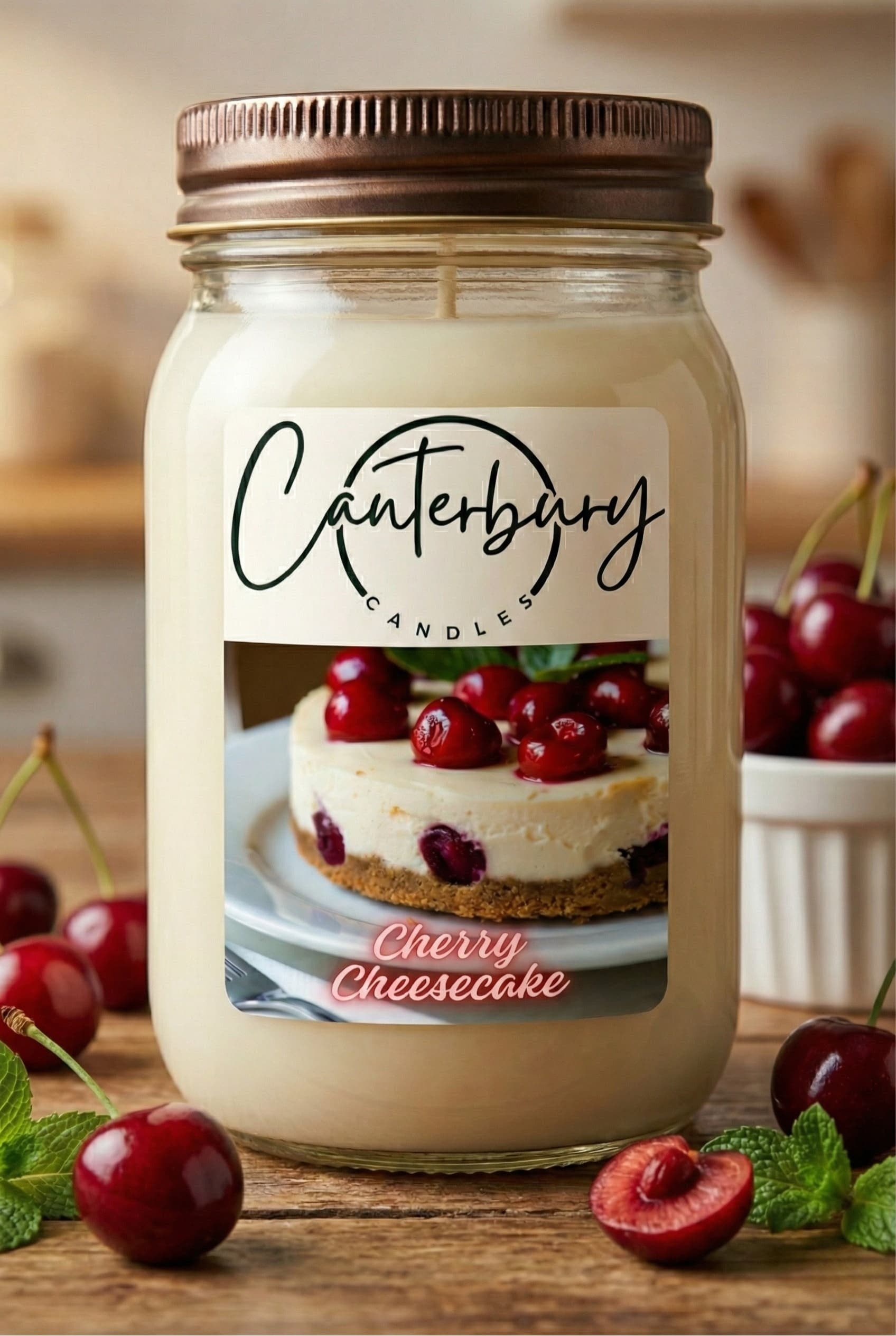 Cherry Cheesecake scented candle in mason jar