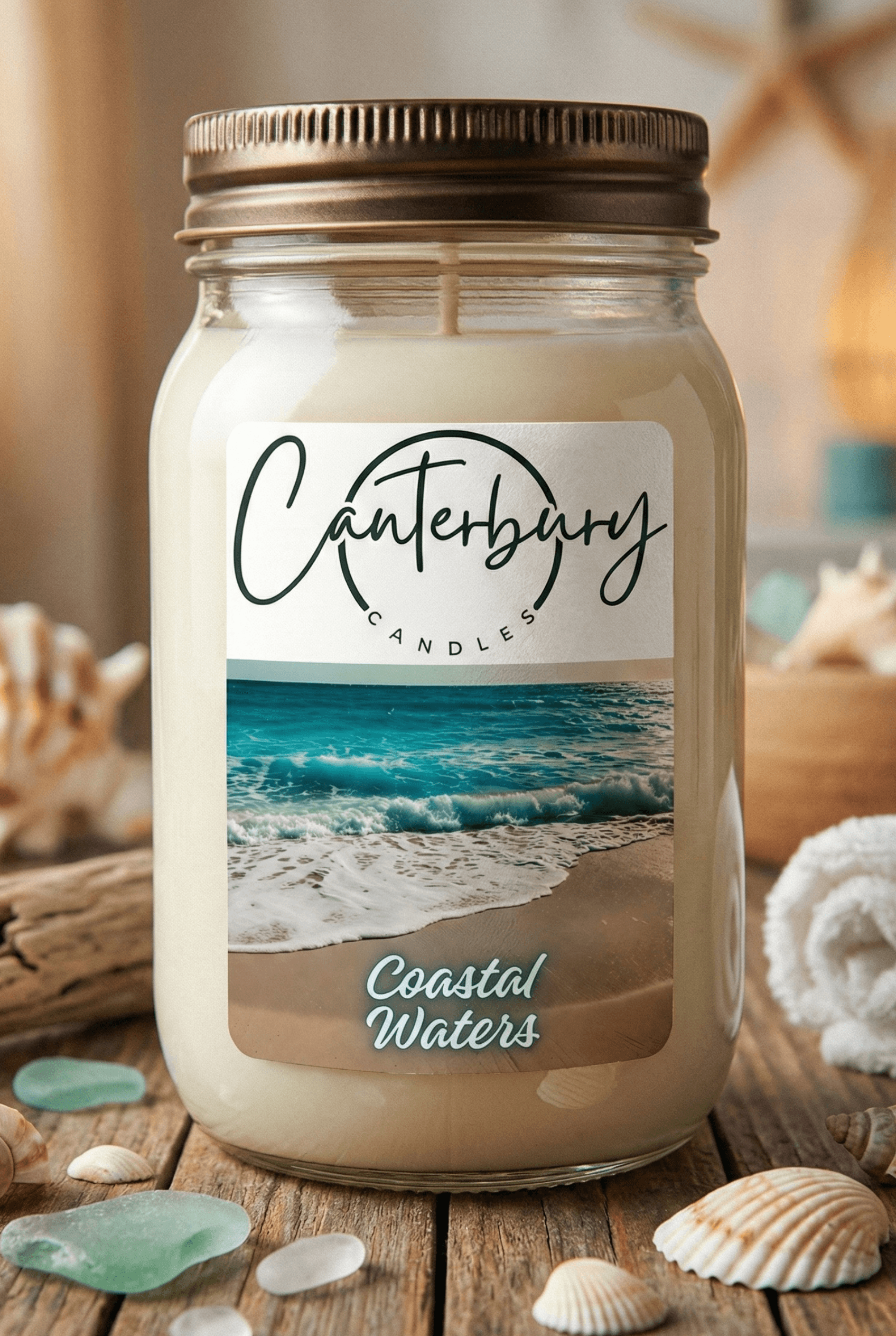 Coastal Waters scented candle in mason jar