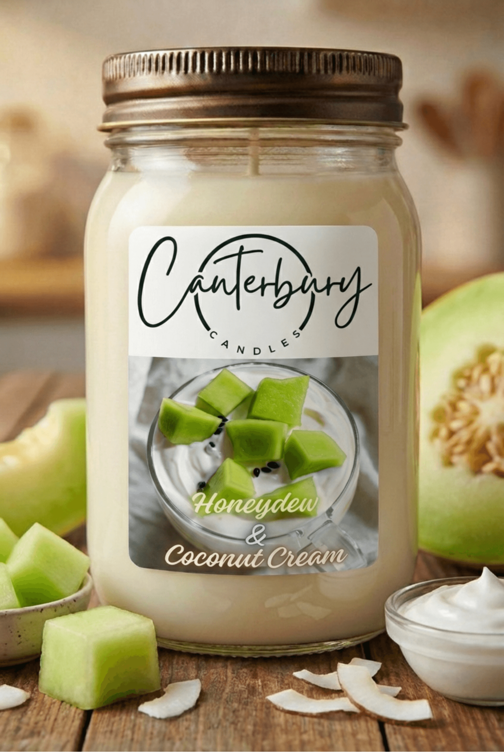 Honeydew & Coconut Cream scented candle in mason jar