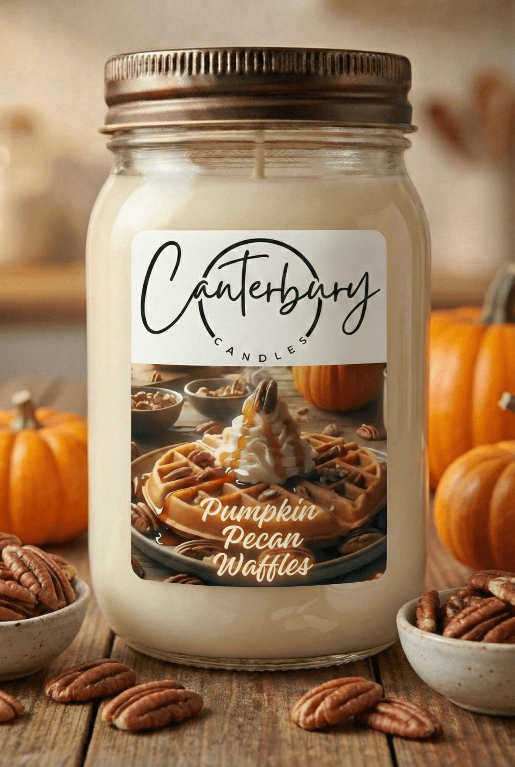 Pumpkin Pecan Waffles scented candle in mason jar