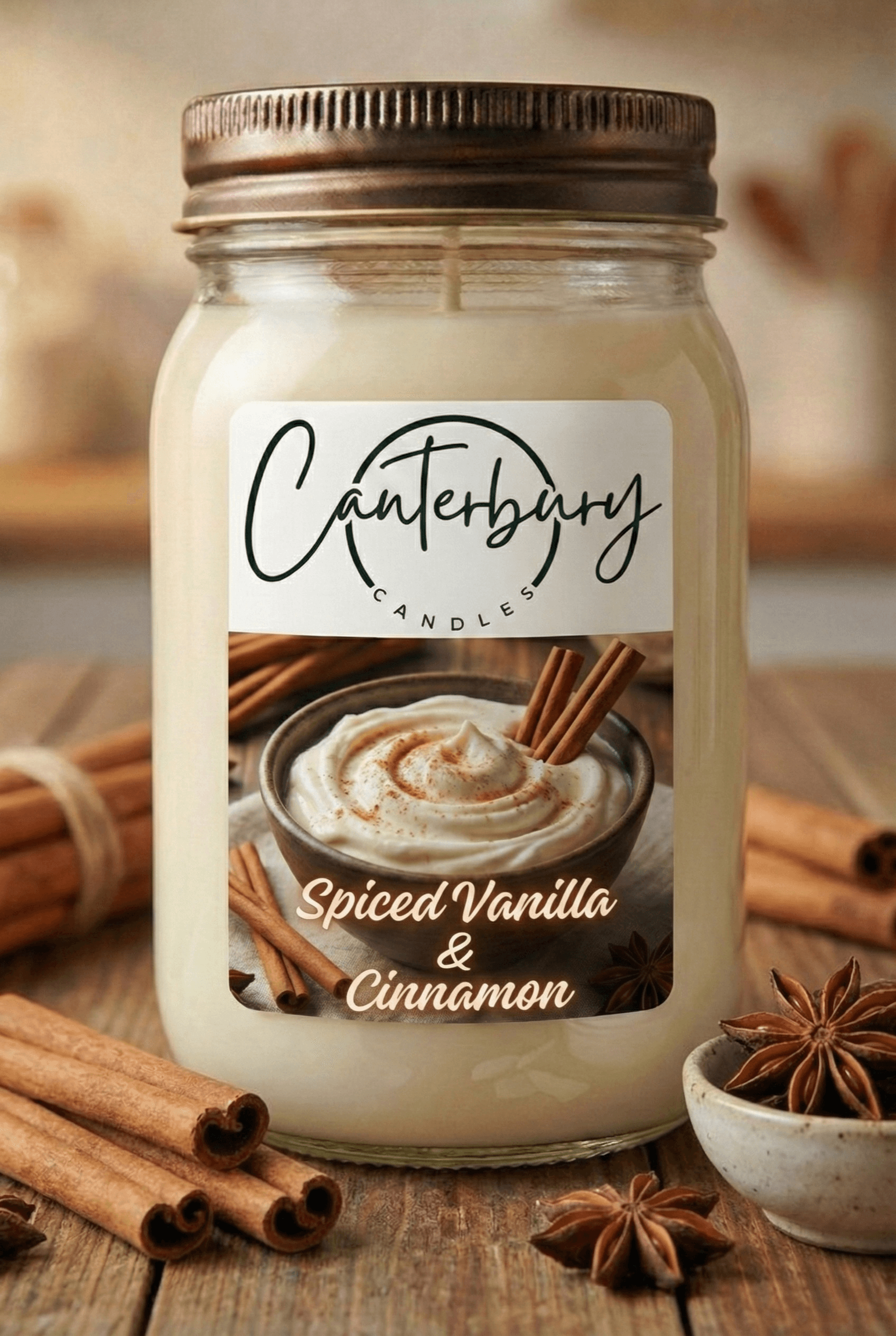 Spiced Vanilla & Cinnamon scented candle in mason jar