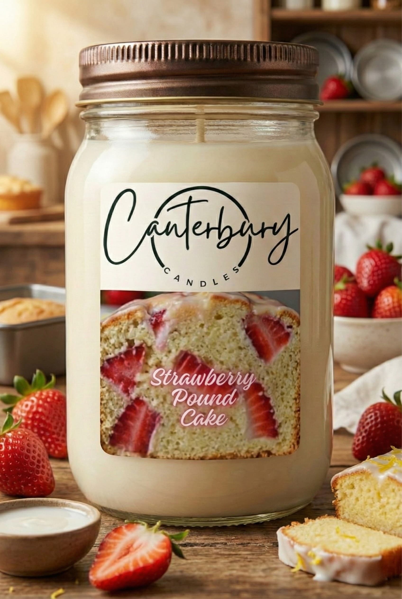 Strawberry Pound Cake scented candle in mason jar