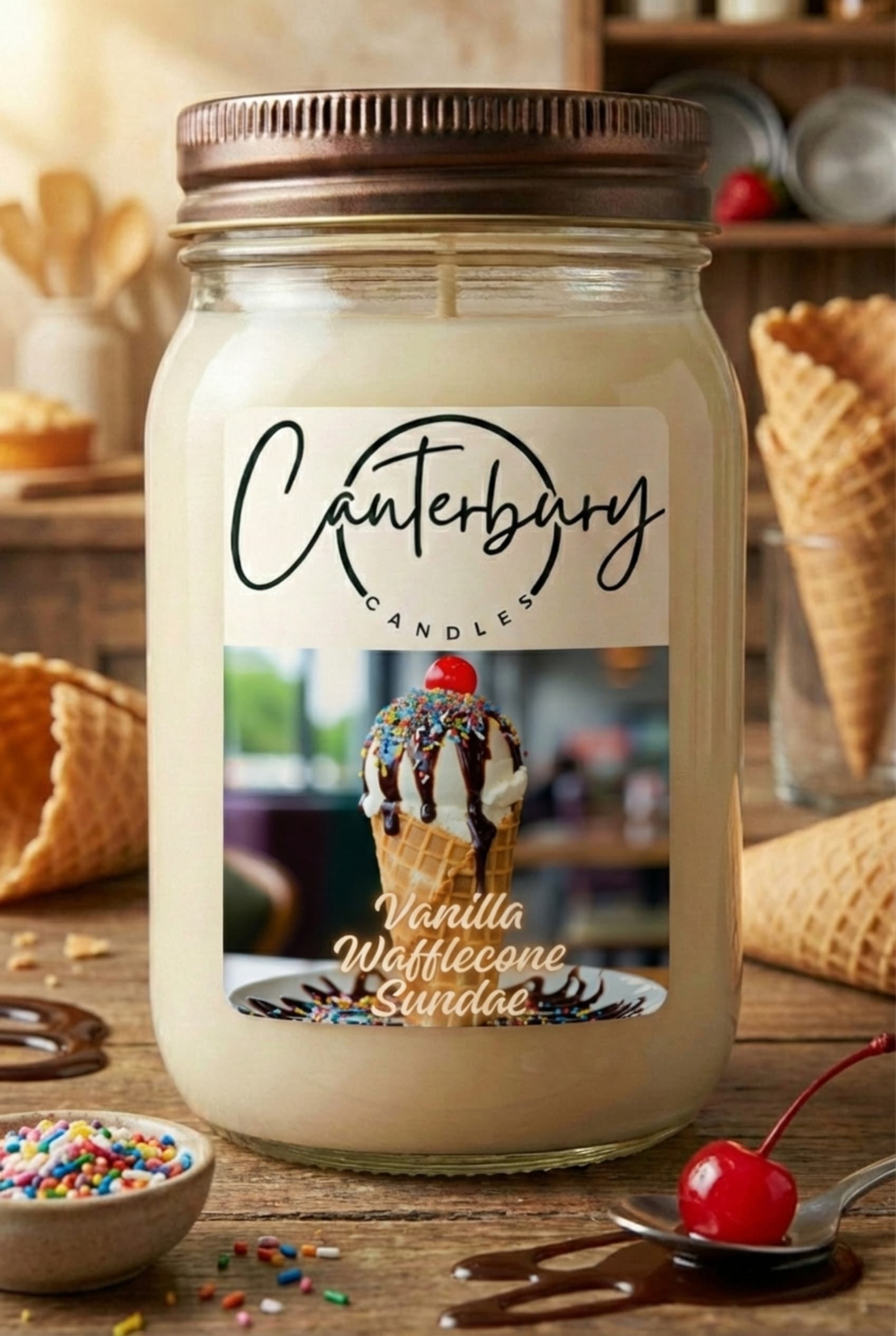 Vanilla Wafflecone Sundae scented candle in mason jar