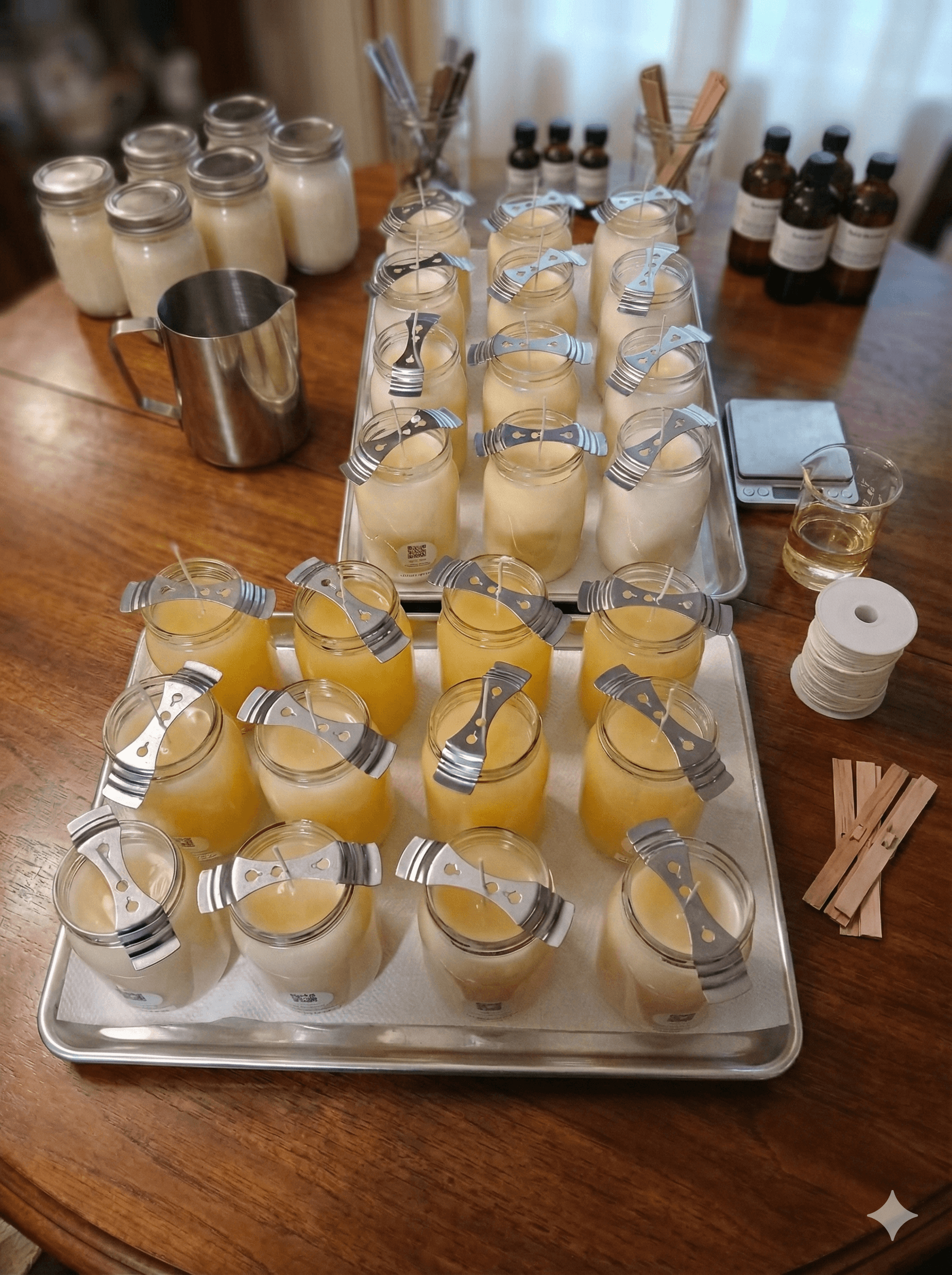 Overhead view of full candle-making workspace with trays of jars and wax in various stages