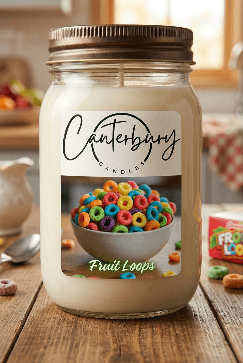 Fruit Loops scented candle in mason jar